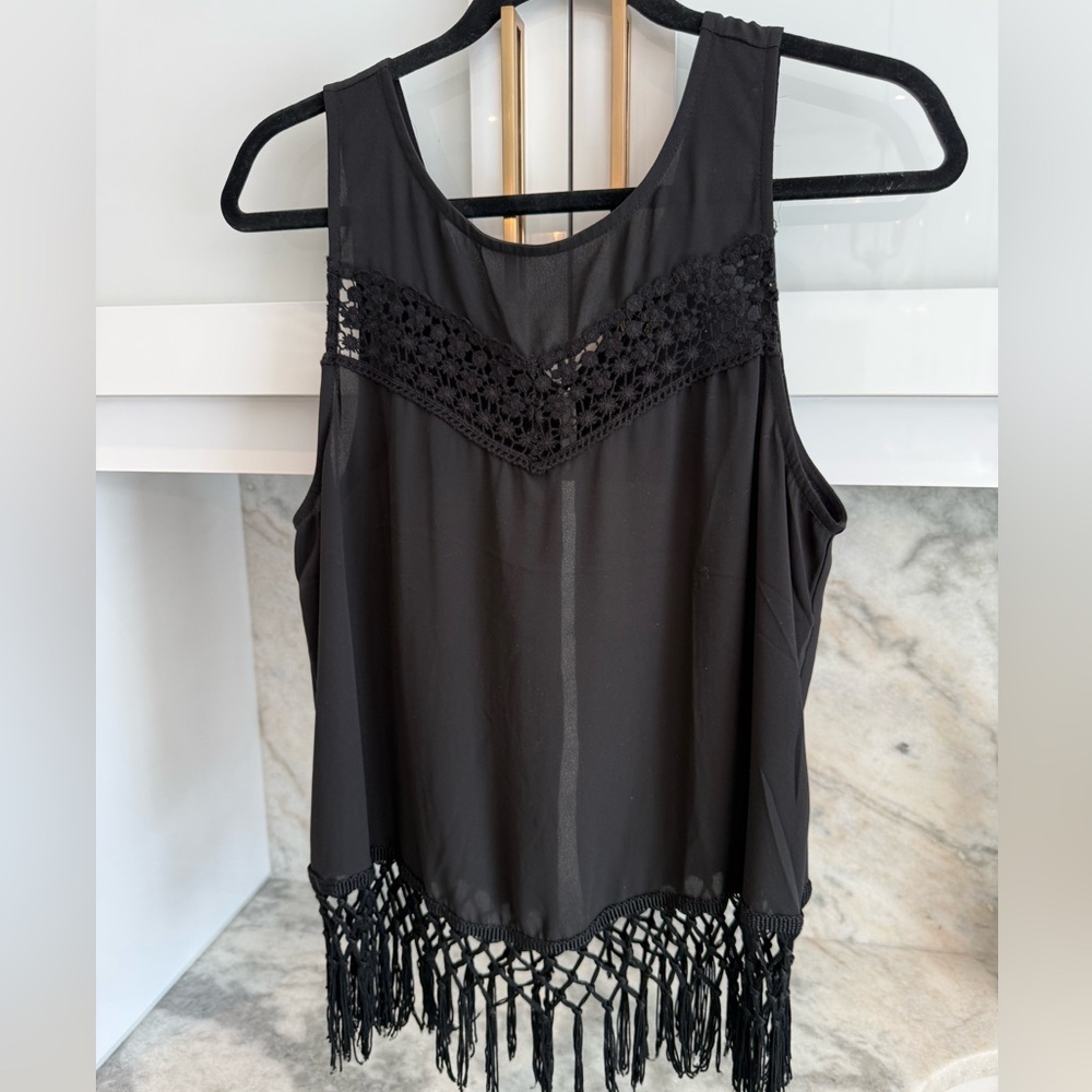 NWOT Boho Black Sheer Crochet Lace Fringe Tank Top XL | Festival Beach Cover Up